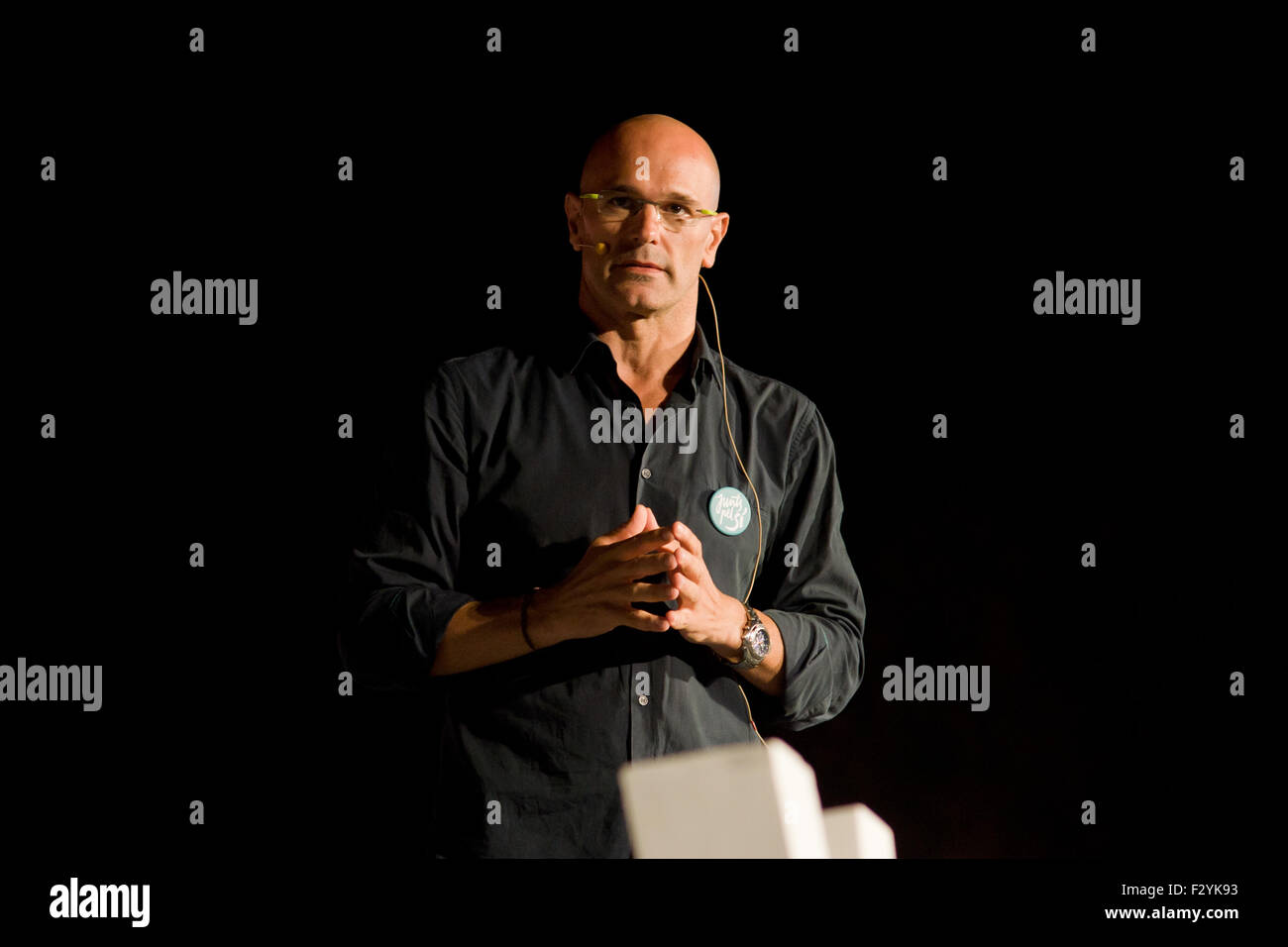 RAUL ROMEVA addresses to the audience during the final campaign rally of 'Junts pel Si' (Together for Yes) in Barcelona. Stock Photo