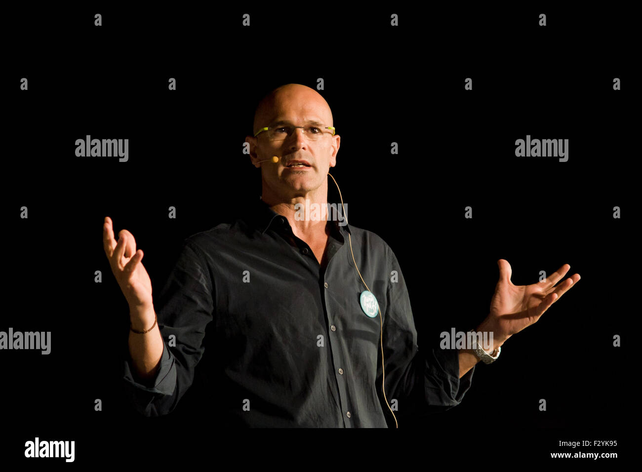 RAUL ROMEVA addresses to the audience during the final campaign rally of 'Junts pel Si' (Together for Yes) in Barcelona on 25 Se Stock Photo