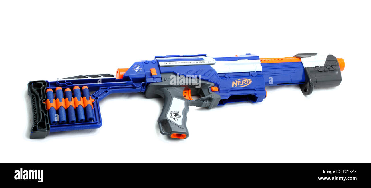 Nerf Gun Elite - Alpha Trooper Clip system 12 A Nerf Blaster is a toy gun  made by Hasbro that fires foam darts, discs, or, in so Stock Photo - Alamy