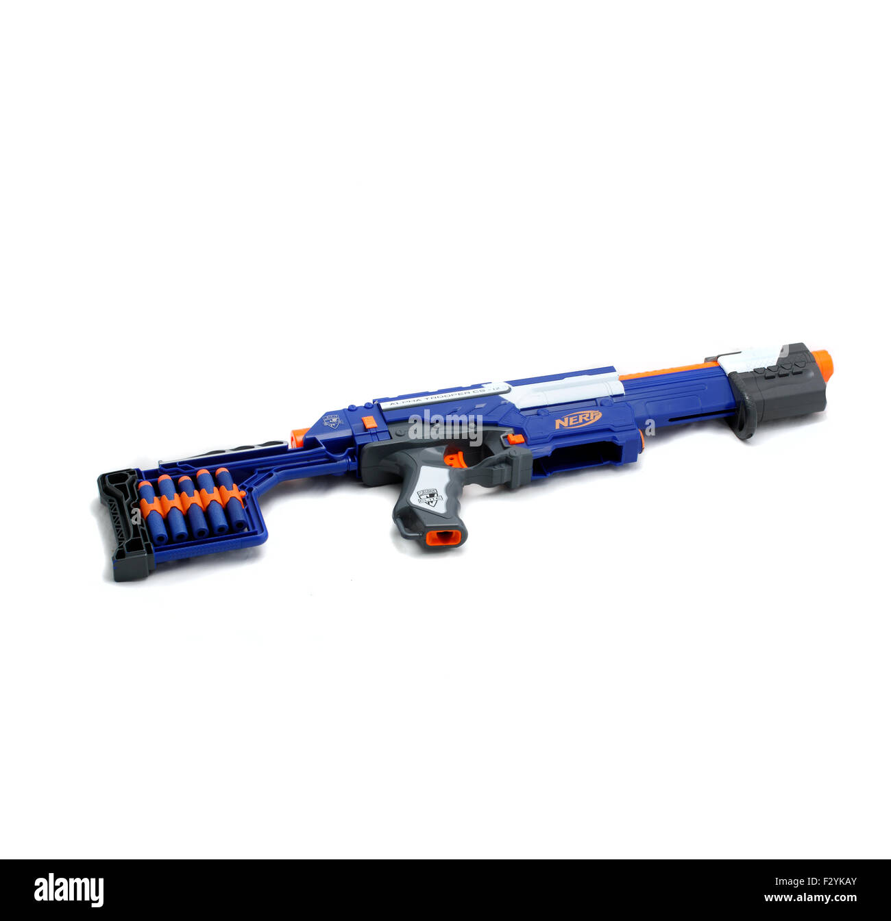 Nerf Gun Elite - Alpha Trooper Clip system 12 A Nerf Blaster is a toy gun  made by Hasbro that fires foam darts, discs, or, in so Stock Photo - Alamy