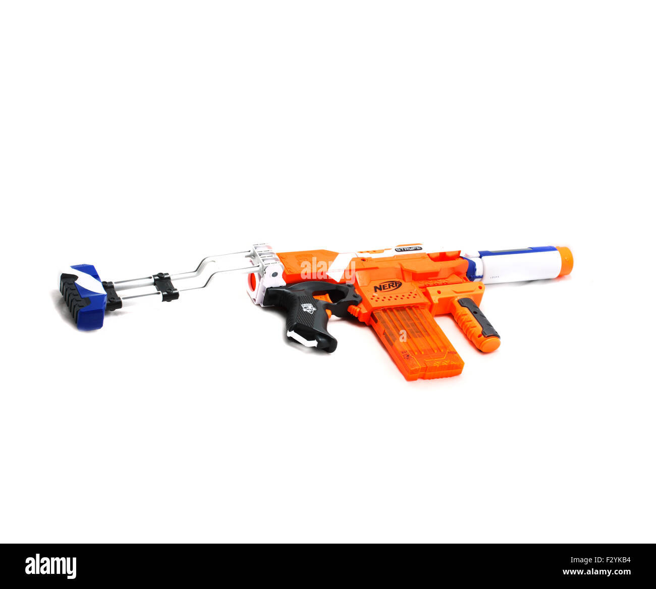 Nerf Gun Elite - Elite SD-Stryfe A Nerf Blaster is a toy gun made by Hasbro that fires foam darts, discs, or, in some cases, foa Stock Photo