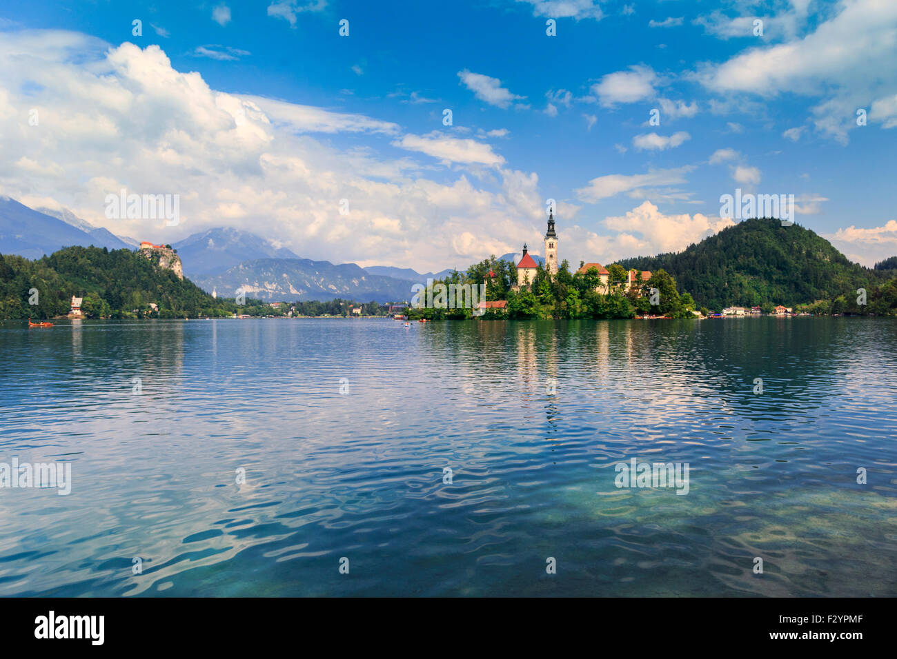 Bled with lake, island, castle and mountains in background, Slovenia, Europe Stock Photo