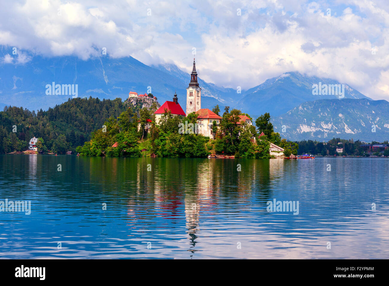 Bled with lake, island, castle and mountains in background, Slovenia, Europe Stock Photo