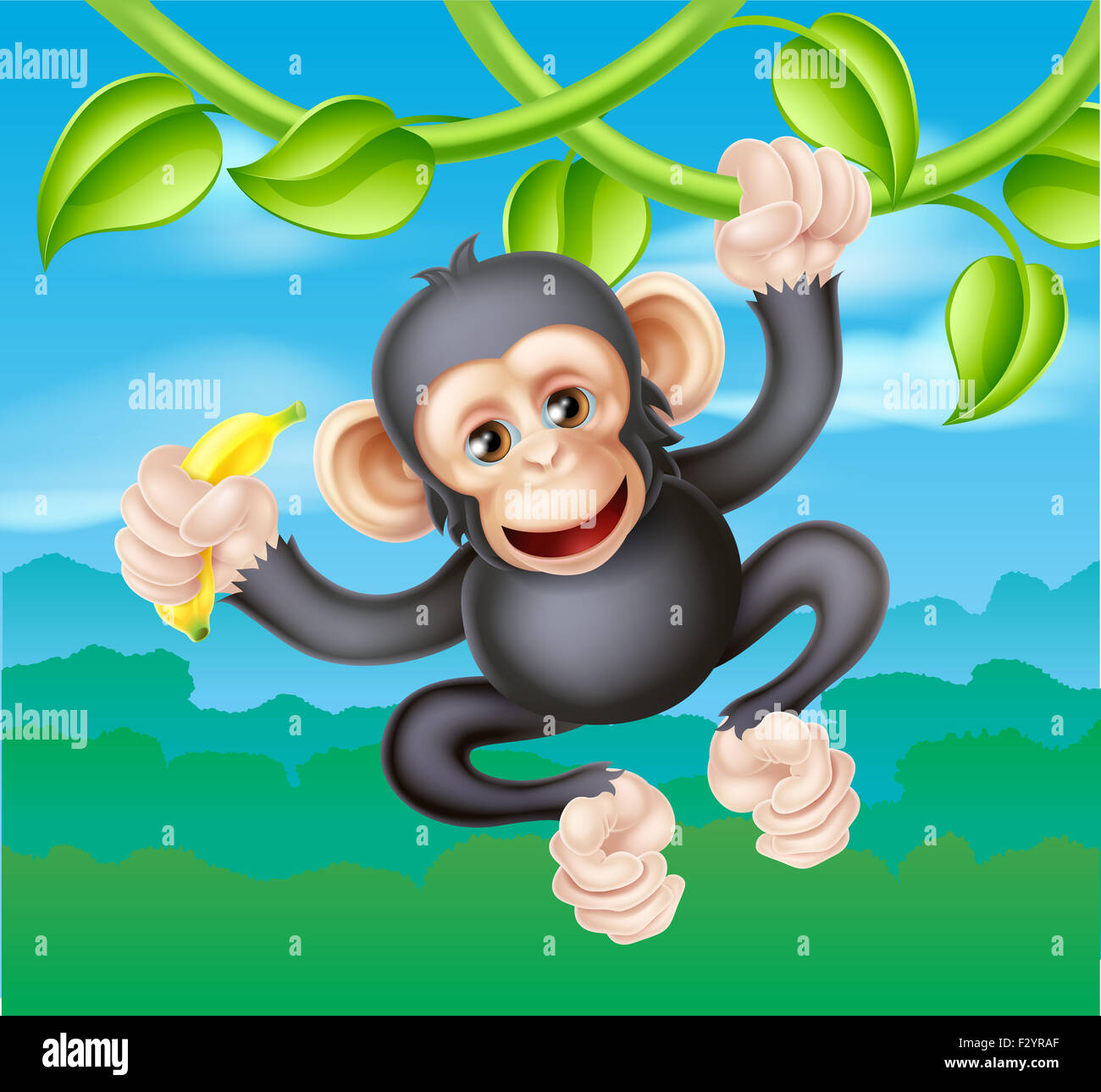 A cute cartoon chimp primate, similar in appearance to a monkey, character swinging from vines in the trees of a jungle. Holding Stock Photo