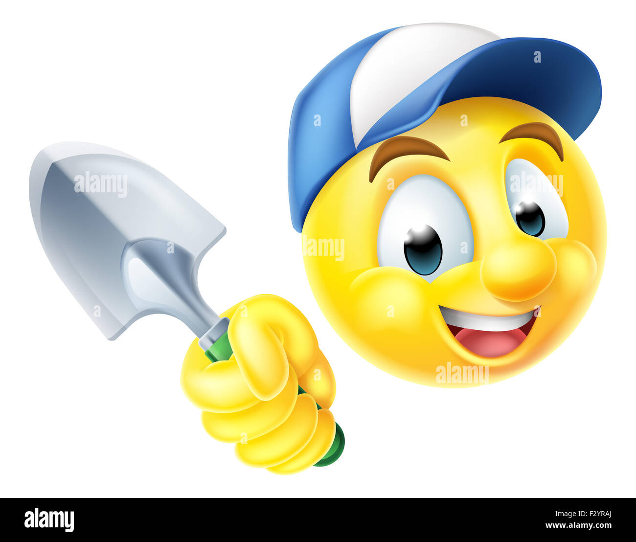 A cartoon gardener emoji emoticon icon holding a garden trowel spade