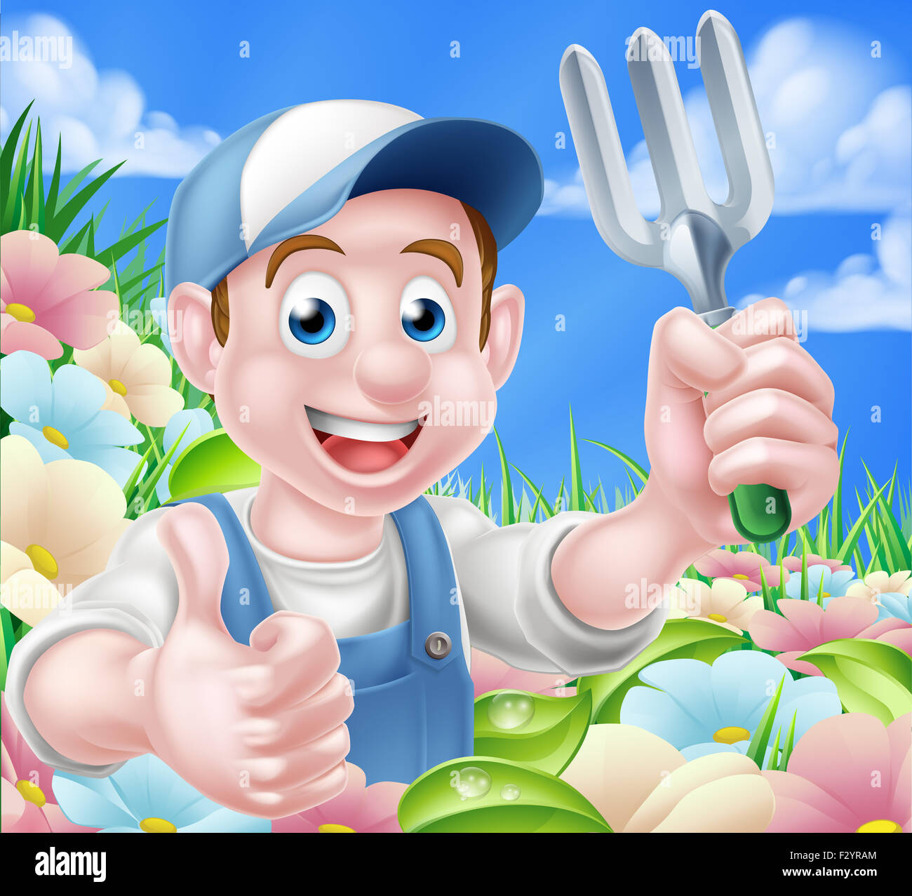 A cartoon gardener character holding a garden fork and giving a thumbs up standing in a flower garden Stock Photo