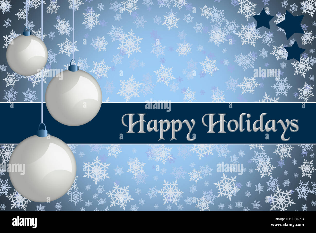 Christmas greeting card. "Happy Holidays" Blue colored Christmas card with retro white baubles and snowflake background. Stock Photo