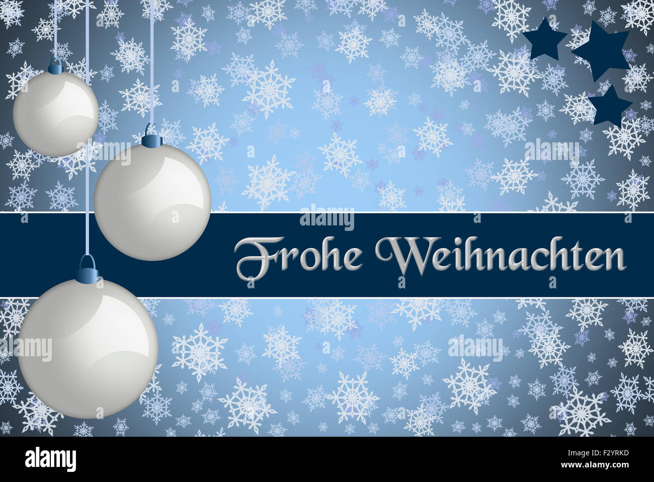 Christmas greeting card. 'Frohe Weihnachten' Blue colored Christmas card with retro white baubles and snowflake background. Stock Photo