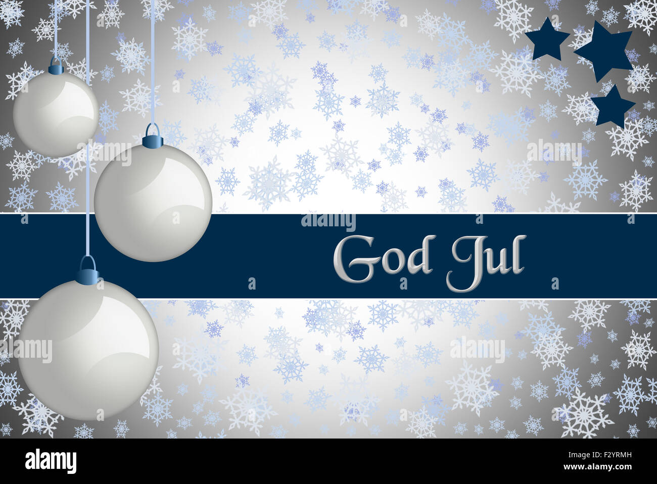 Christmas greeting card. 'God Jul' Silver colored Christmas card with retro white baubles and snowflake background. Stock Photo