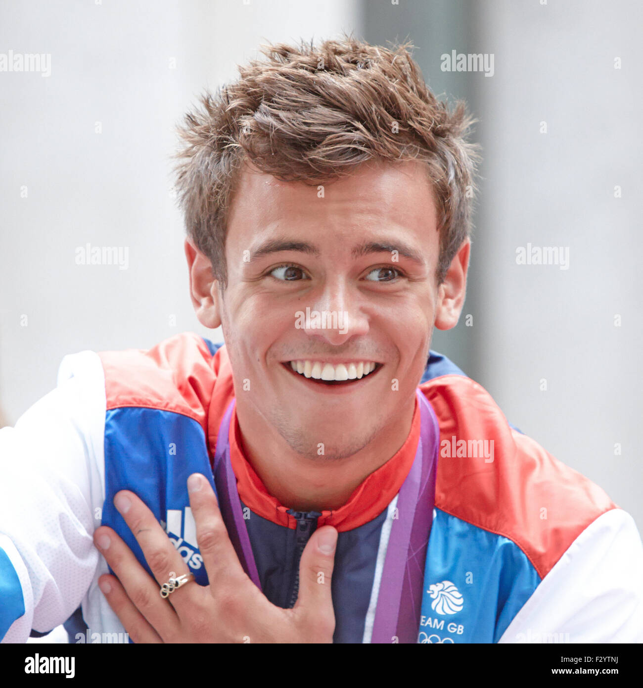 Diver Tom Daley reacts during the Olympic and Paralympic Parade of