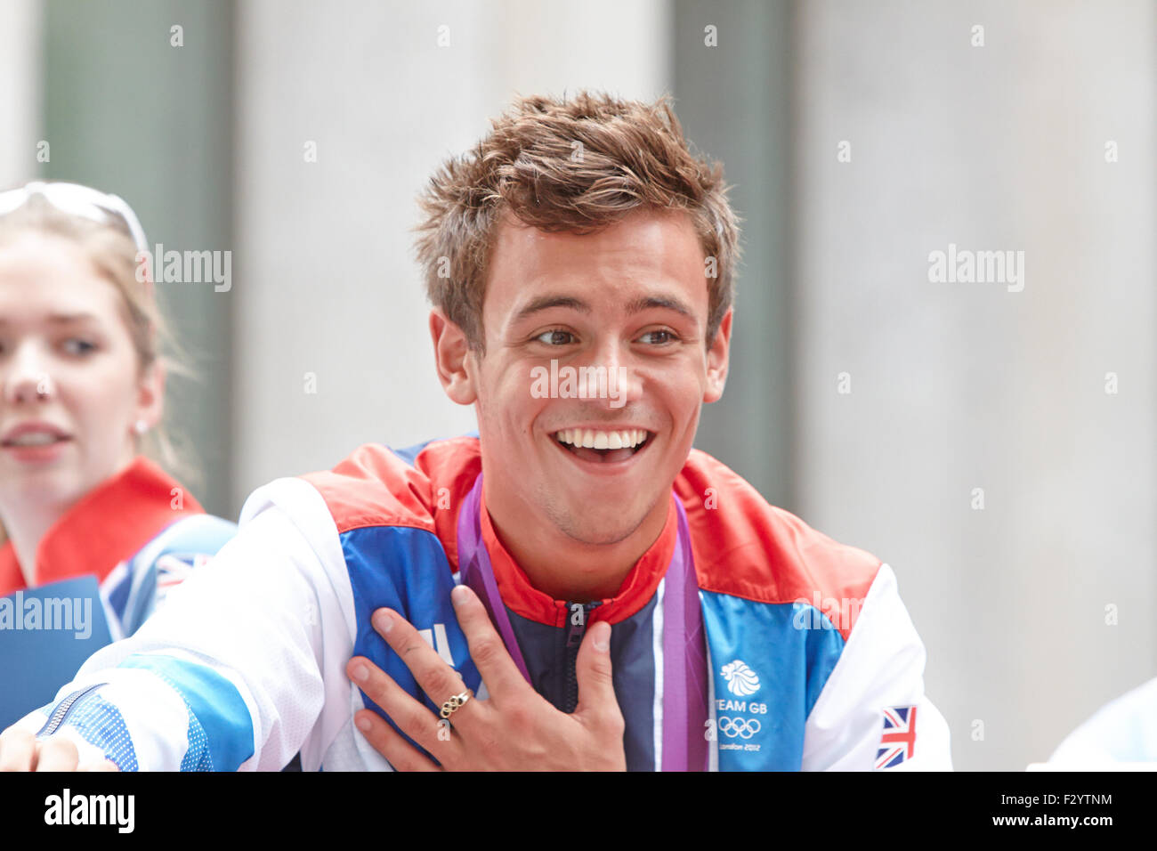 Diver Tom Daley reacts during the Olympic and Paralympic Parade of