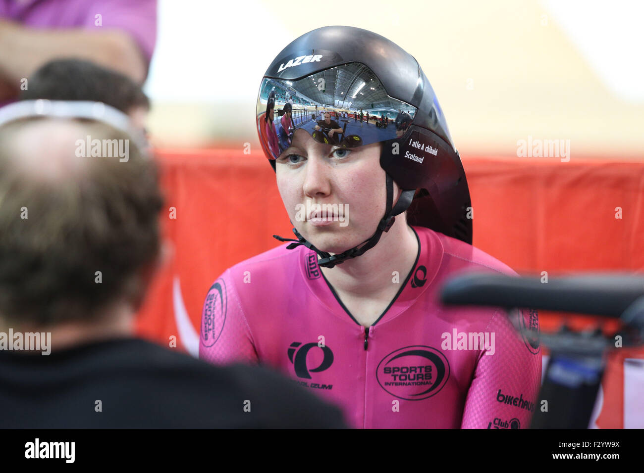 Manchester, UK. 26th Sep, 2015. Katie Archibald readies herself before competing in the Female Team Pursuit at the 2015 British Cycling National Track Championships at the National Cycling Centre in Manchester, UK. The annual event offers a unique opportunity for the public to see world class cyclists competing for the coveted British champions jerseys. Credit:  Ian Hinchliffe/Alamy Live News Stock Photo