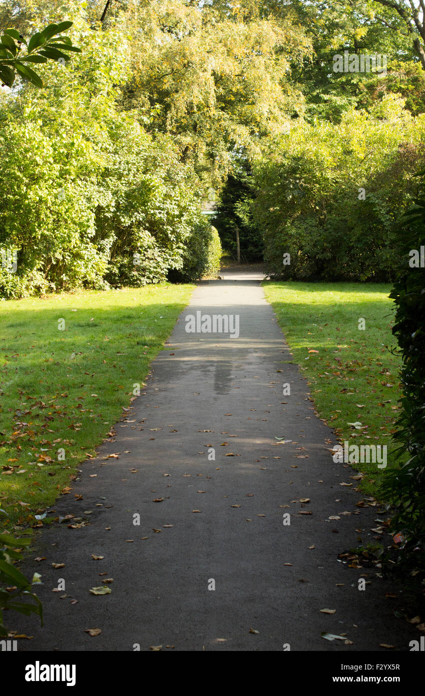 Looking down a pavement with grass on ever side in a park as it stretches off in the distance. Trees on each side. Stock Photo