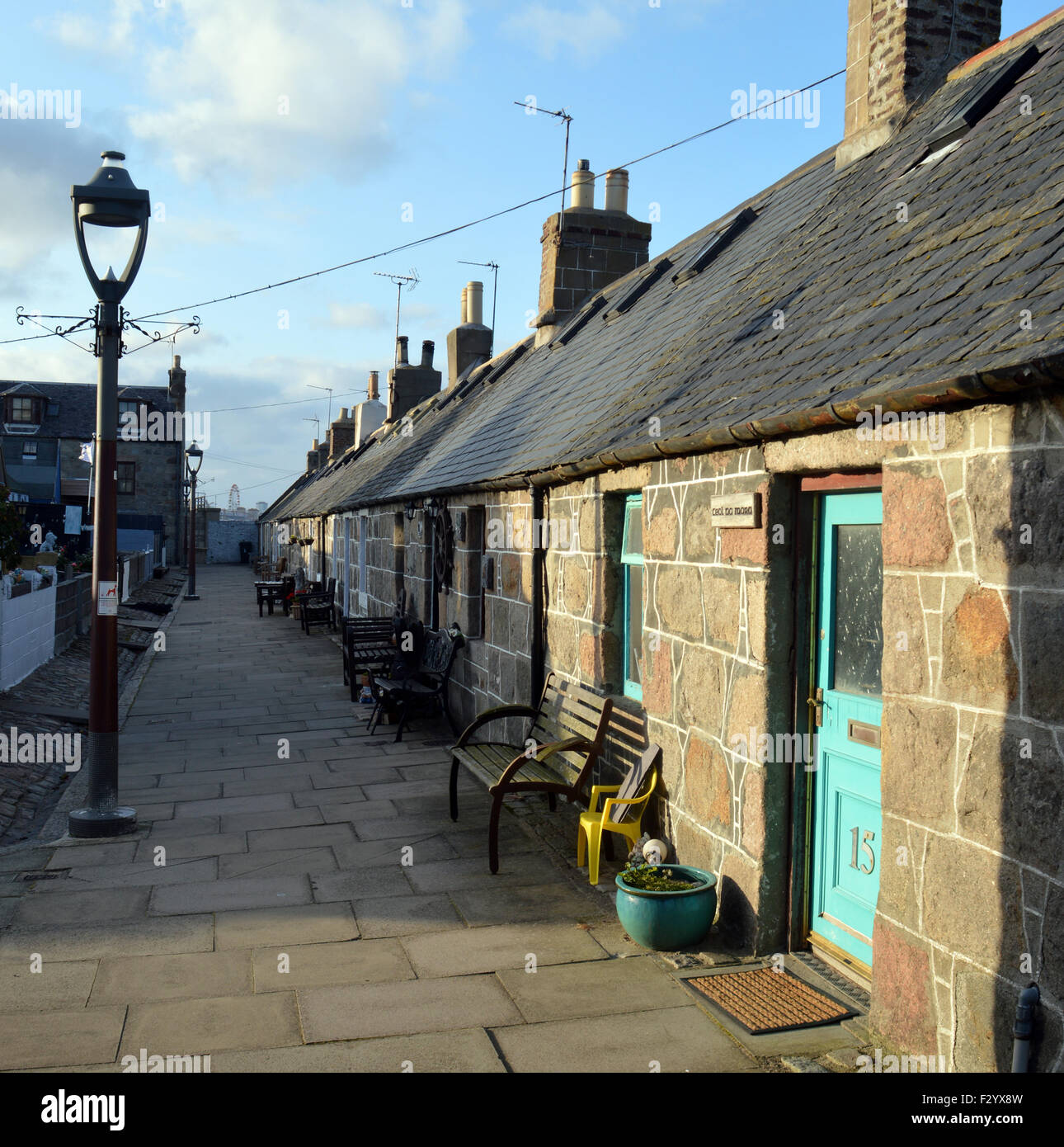 Footdee ("Fittie"),  old fishing village at the east end of Aberdeen Harbour with small low-ceilinged cottages Stock Photo