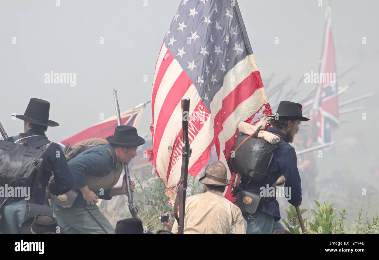 Union and Confederate flags at the 150th anniversary of the Battle of Gettysburg, June 28, 2013. Stock Photo