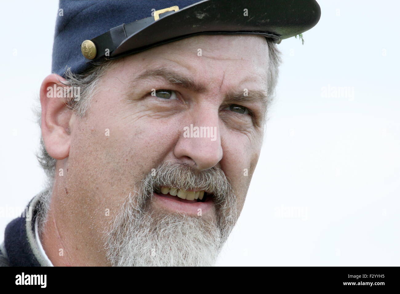 Closeup of a Union Civil War reenactor at the 150th anniversary of the Battle of Gettysburg, June 28, 2013. Stock Photo