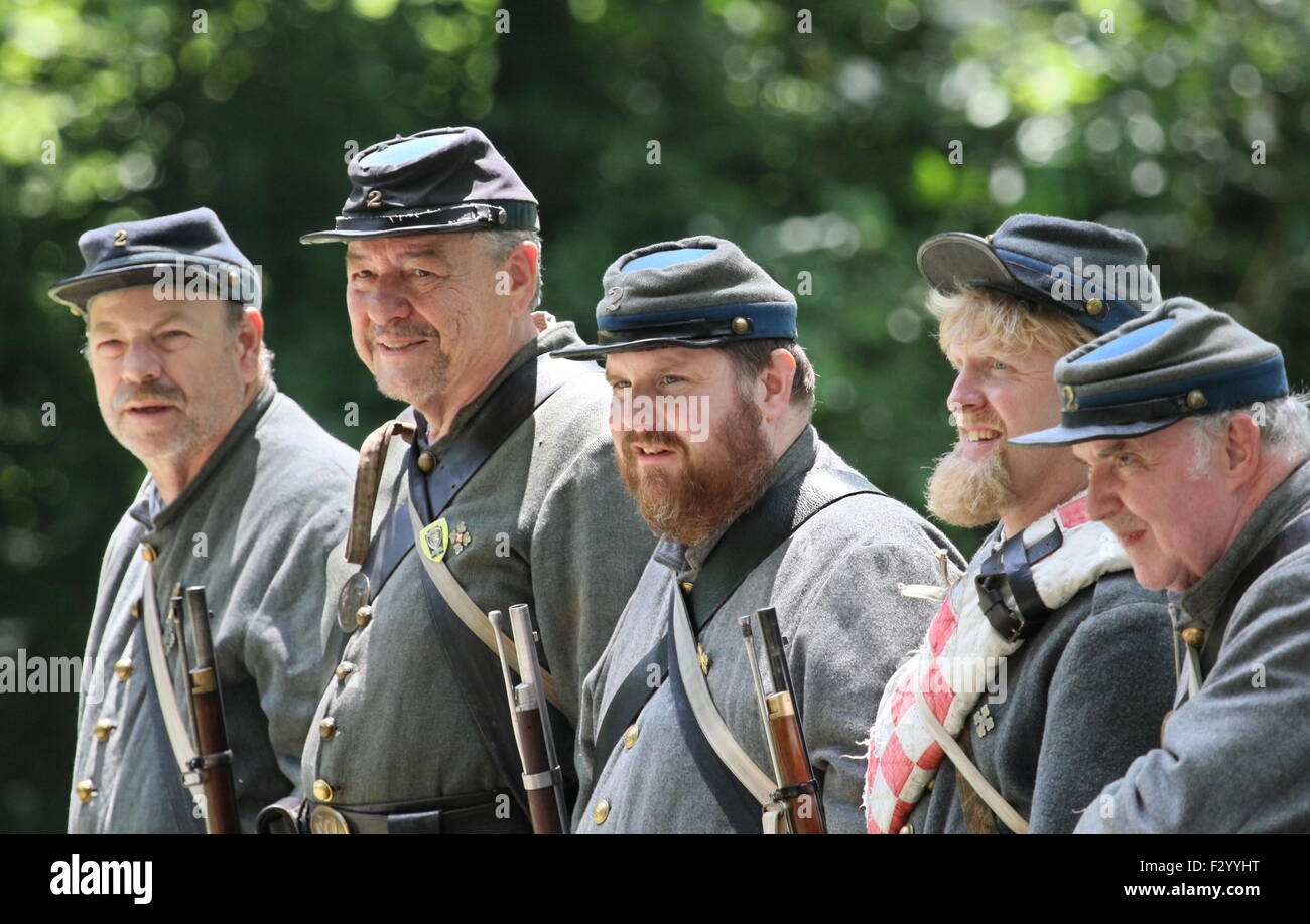 Smiling Confederate Civil War reenactors. Stock Photo