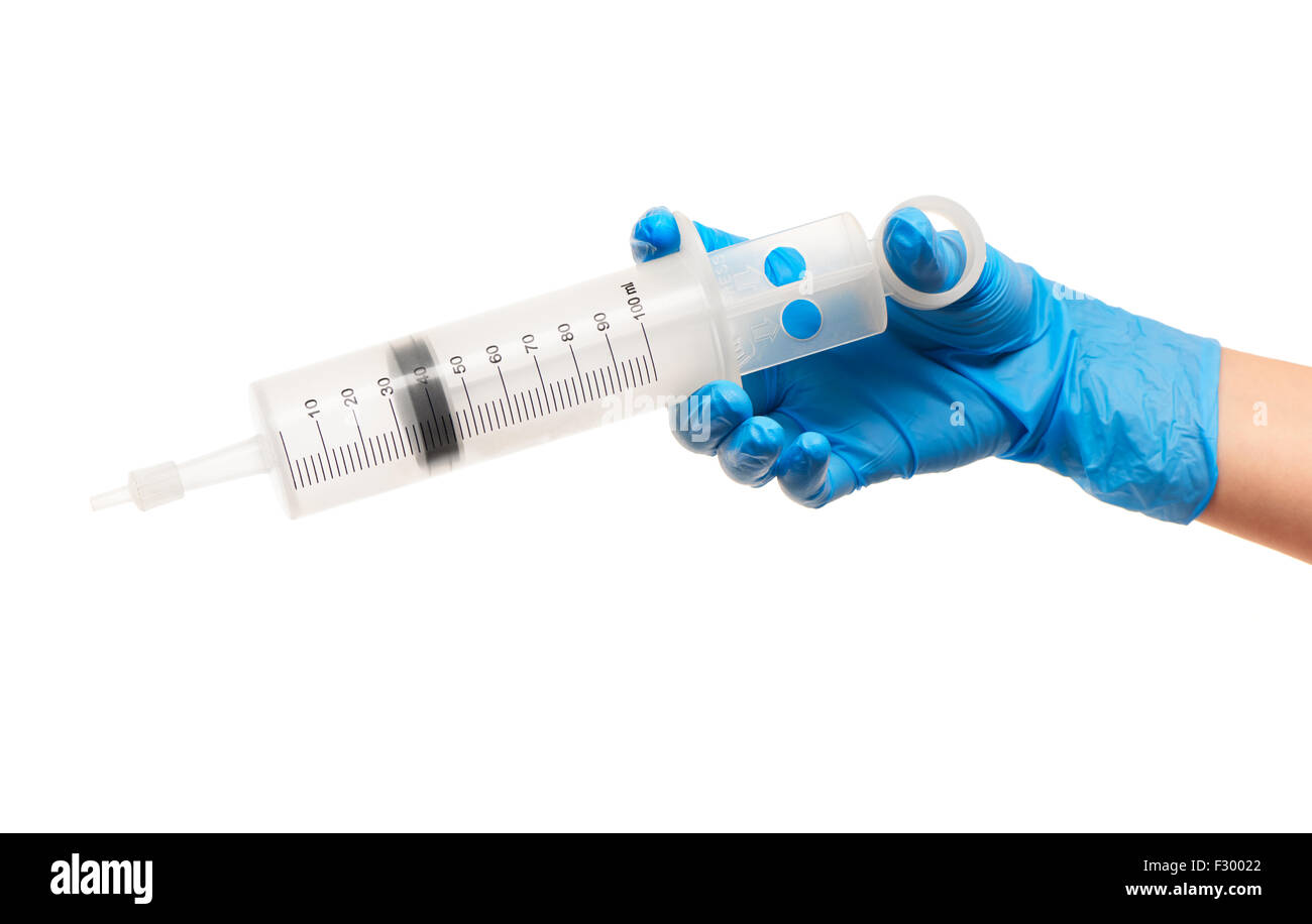 Close up of female doctor's hand in blue sterilized surgical glove with ...