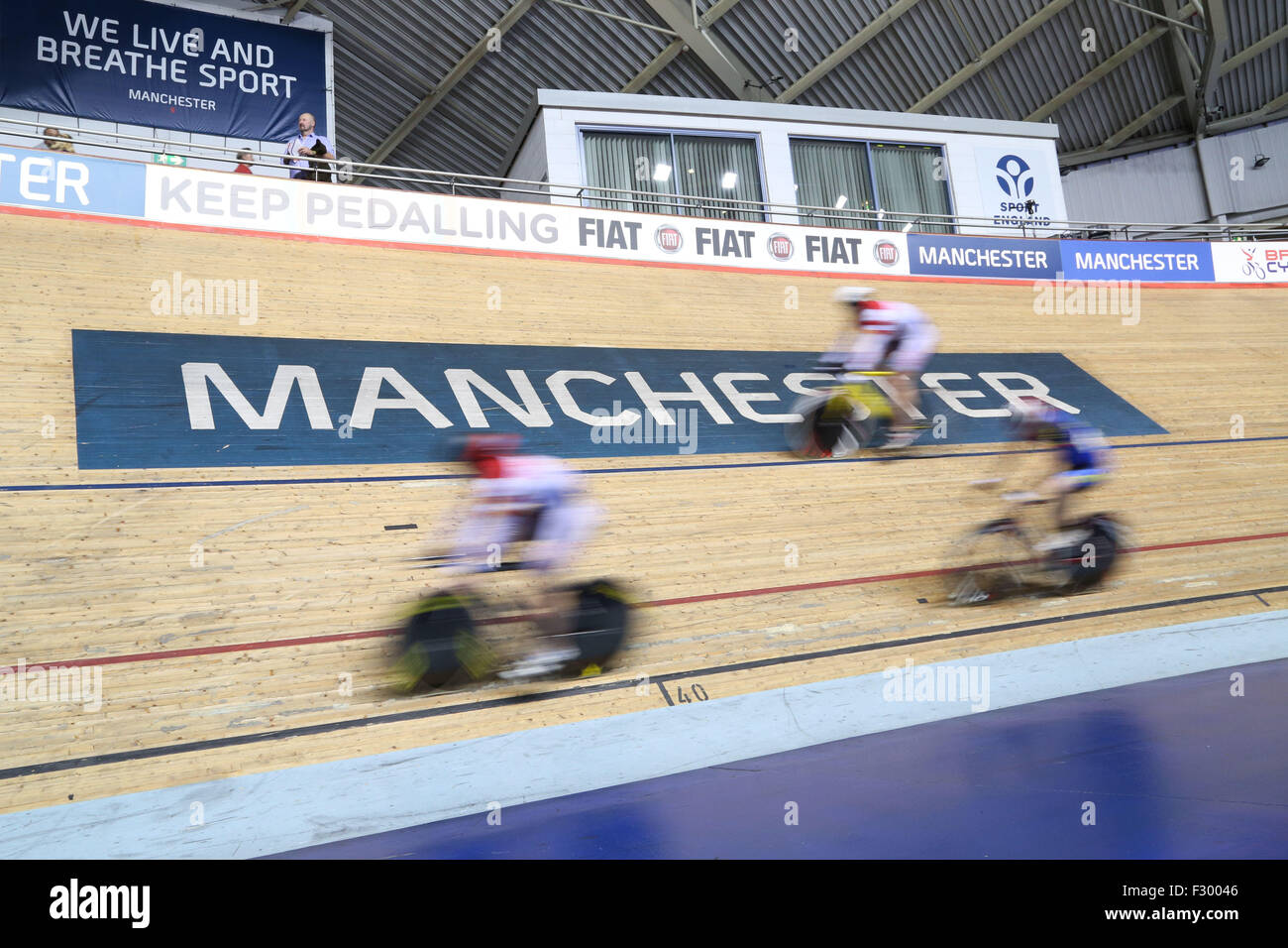 Manchester, UK, 26th Sep, 2015. The second day of the 2015 British Cycling National Track Championships gets underway at the National Cycling Centre in Manchester, UK. The annual event offers a unique opportunity for the public to see world class cyclists competing for the coveted British champions jerseys. Credit:  Ian Hinchliffe/Alamy Live News Stock Photo