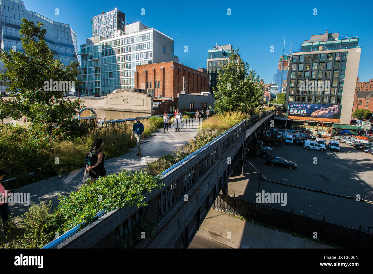 The urban elevated linear public park known as the High Line built on a disused elevated railway line September 15, 2015 in New York City. Stock Photo