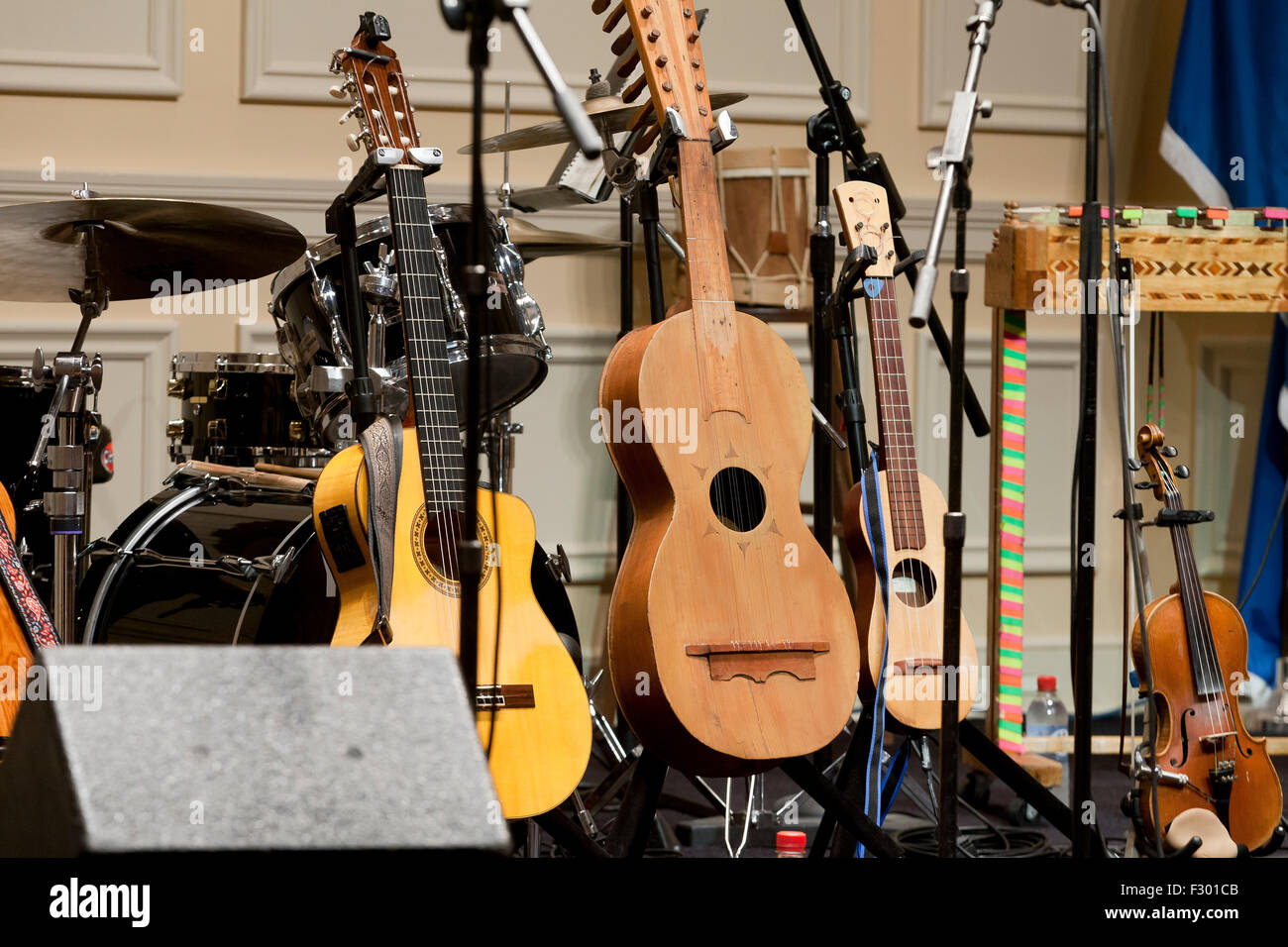 Mexican guitars in stands on stage - USA Stock Photo