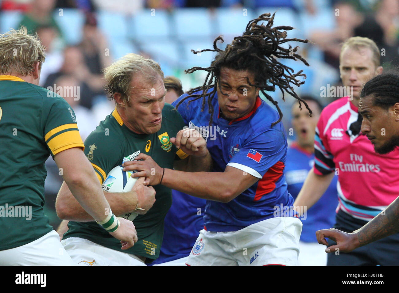Birmingham, UK. 26th Sep, 2015. Rugby World Cup. South Africa versus Samoa. Schalk Burger (South Africa) charges into Samoa's TJ Ioane. Credit:  Action Plus Sports/Alamy Live News Stock Photo