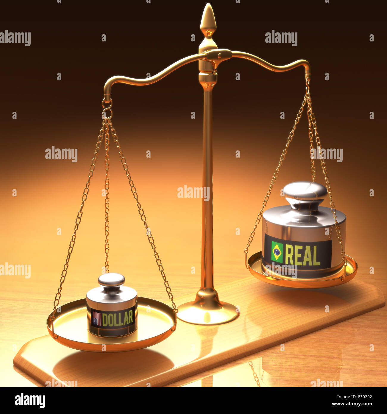 Scales of justice weighing two currencies. Stronger dollar than the real.  Clipping path included Stock Photo - Alamy