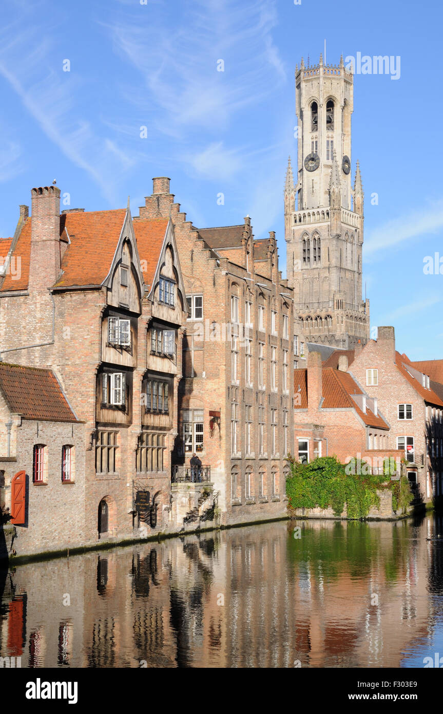 Morning view of the Belfry from the Rozenhoedkaai in Bruges, West-Vlaanderen, Belgium Stock Photo