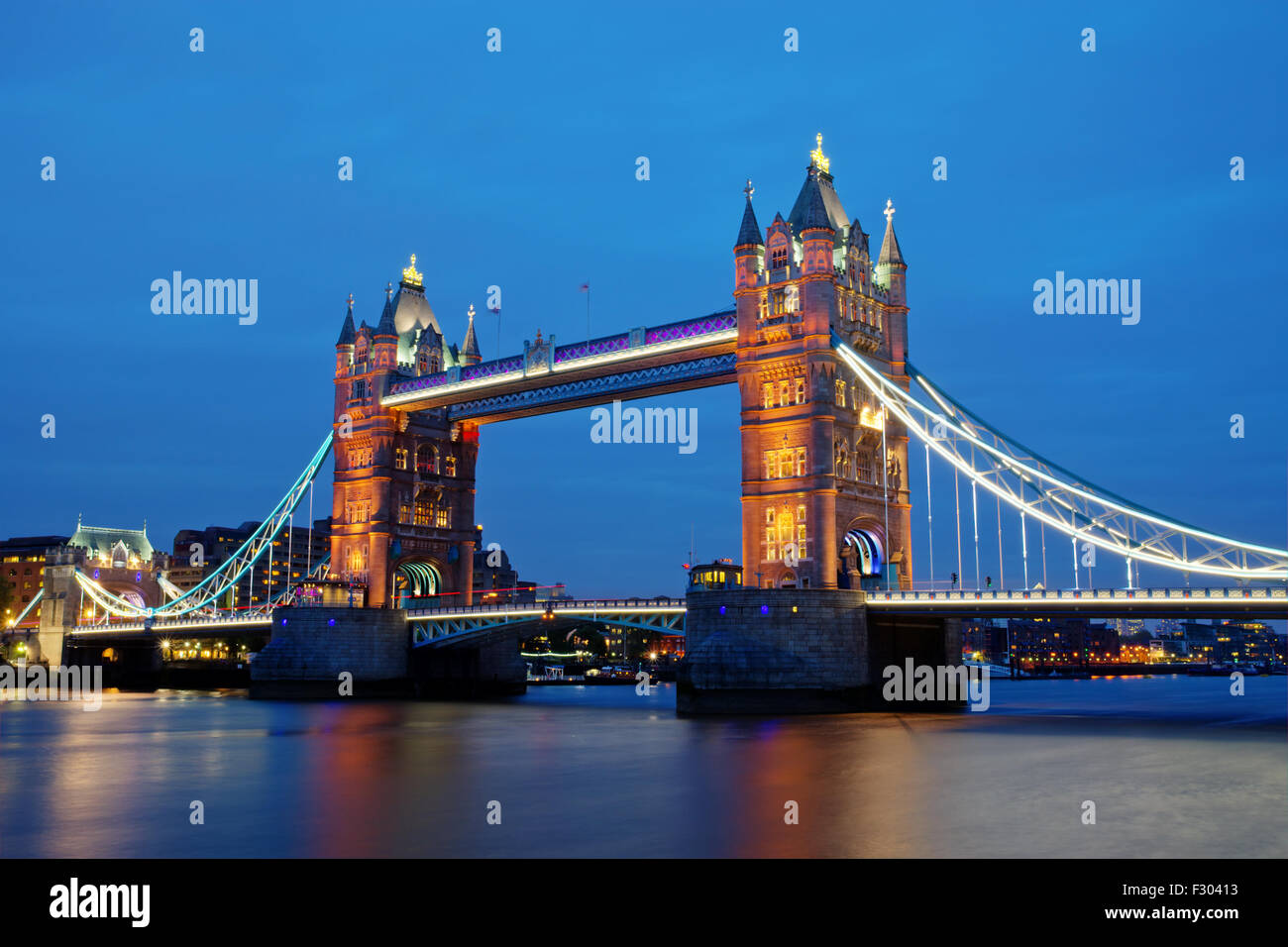 The famous Tower Bridge in London after sunset Stock Photo