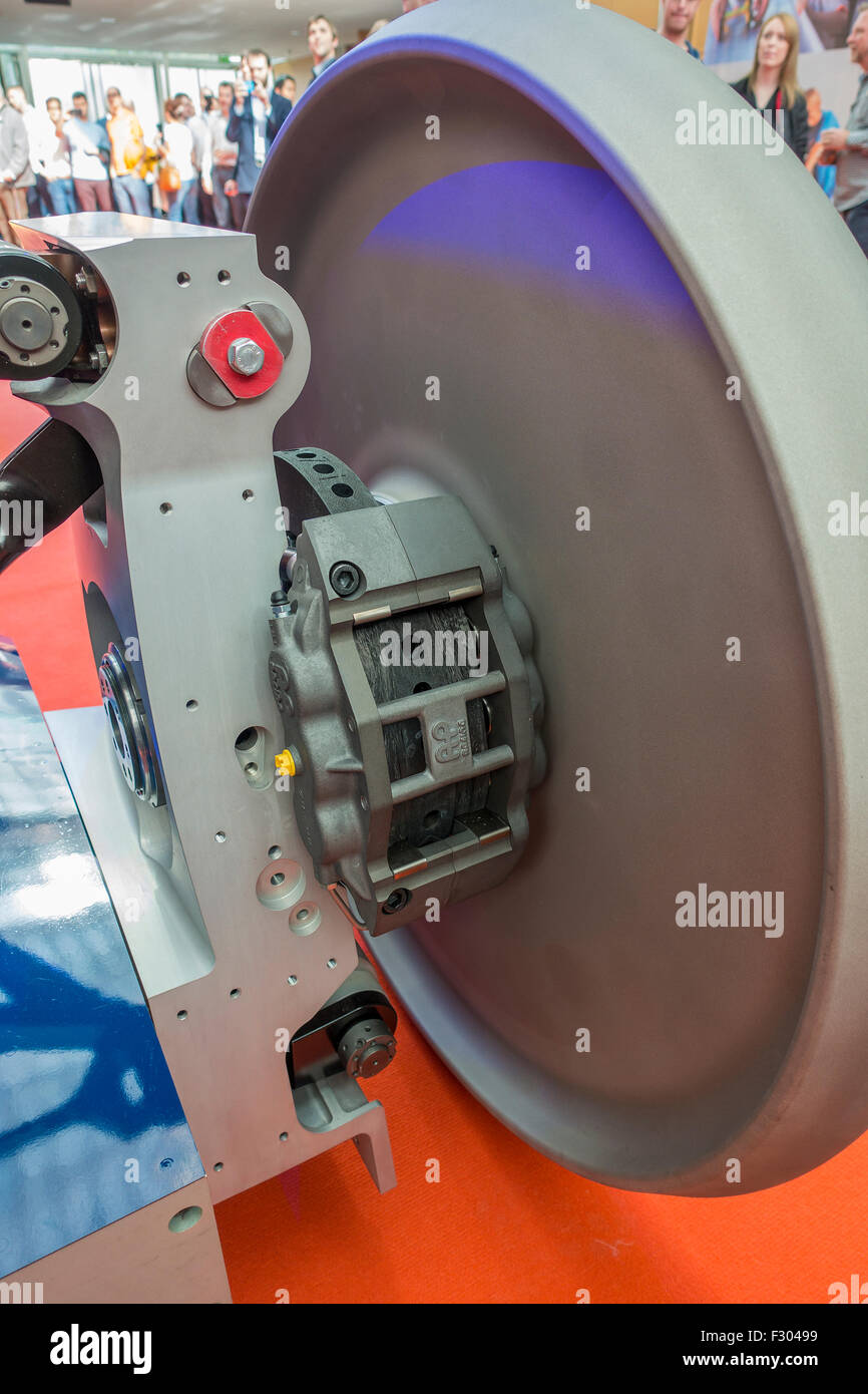 Rear Suspension Brake Caliper Bloodhound SSC on Display Canary Wharf London September 25th 2015 Stock Photo