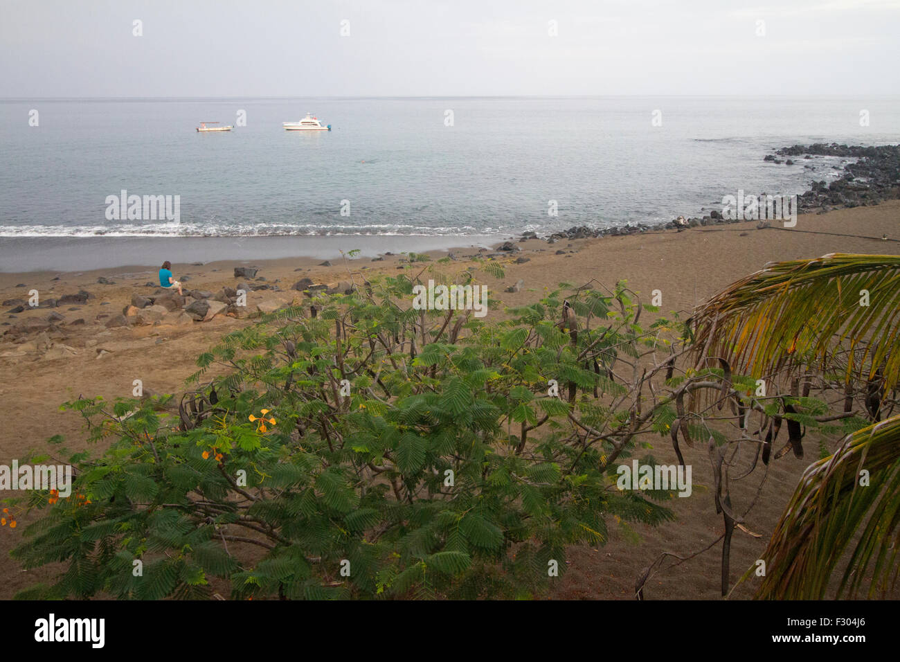 Early morning at harbor in front of Hotel Wittmer, Floreana Island, Galapagos Islands Stock Photo