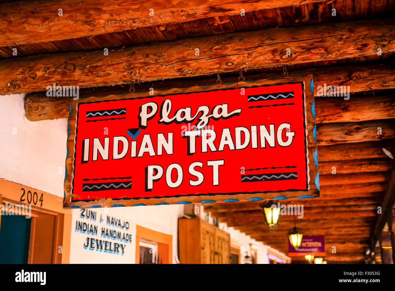 The Plaza Indian Trading Post overhead sign in Old Town Albuquerque NM Stock Photo