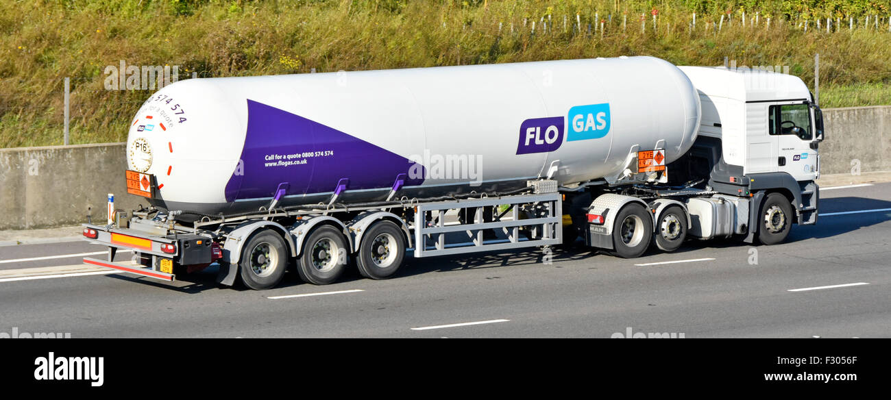 Tanker truck lorry operated by FloGas driving along English motorway