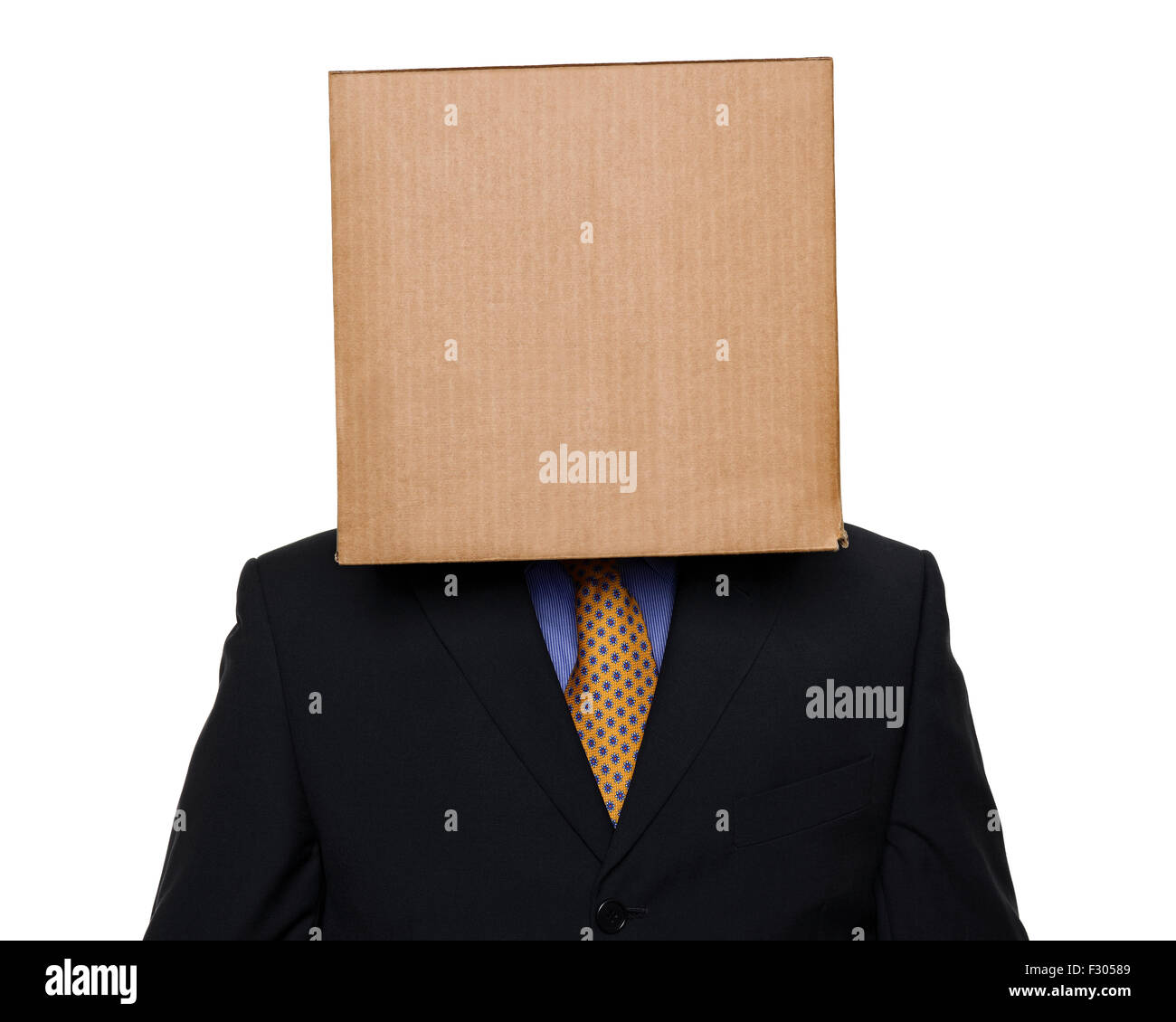 Businessman with a Box on His Head, cut out. Stock Photo
