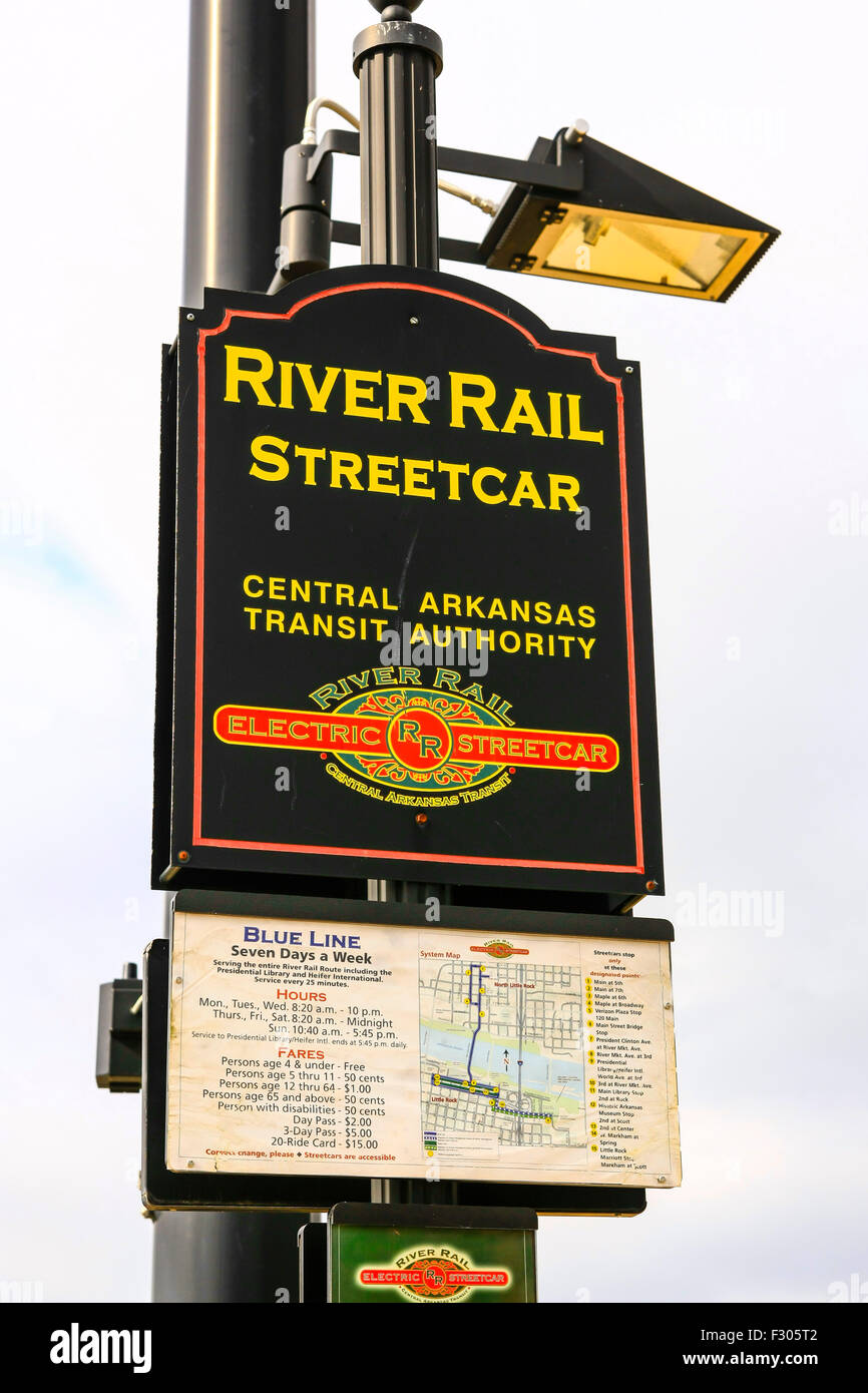 A River Rail Streetcar stop sign in central Little Rock Arkansas Stock Photo