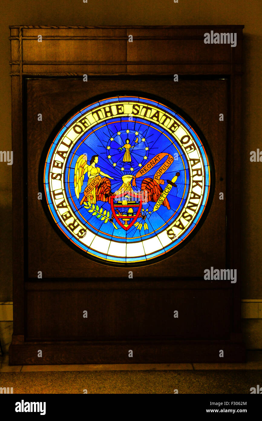 Great seal of the State of Arkansas on display inside the State Capitol building located in Little Rock Stock Photo