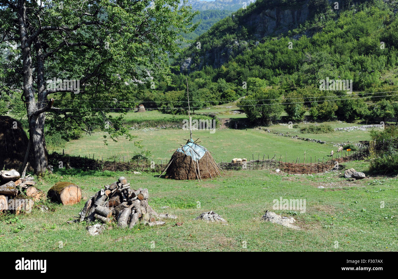 A haystack stands in a field in the Theth valley.  Theth, Thethi, Albania. Stock Photo