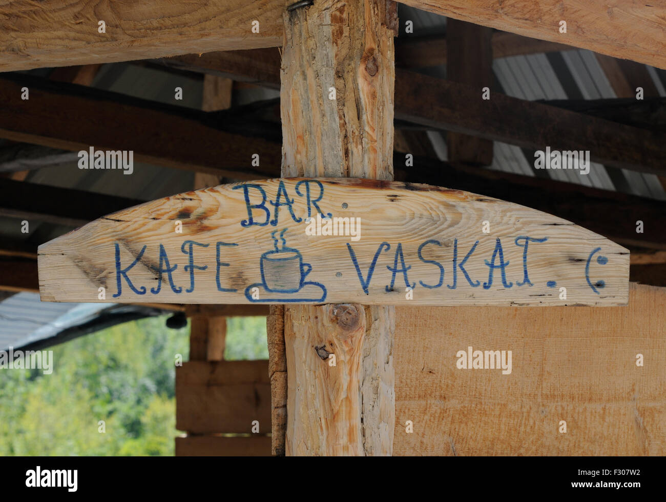 Hand written sign for Bar Kafe Vaskat, baths.  Theth, Thethi, Albania. 03Sep15 Stock Photo