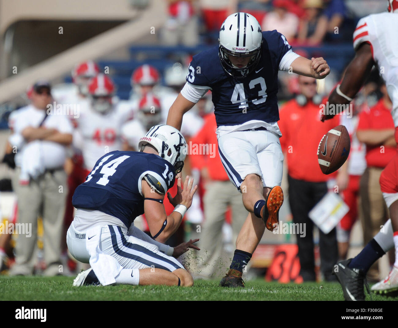 Bryan Holmes (43) in action during a game between the Yale Bulldogs and the Cornell Big Red at the Yale Bowl on September 26, 2015 in New Haven, Connecticut.(Gregory Vasil/Cal Sport Media) Stock Photo