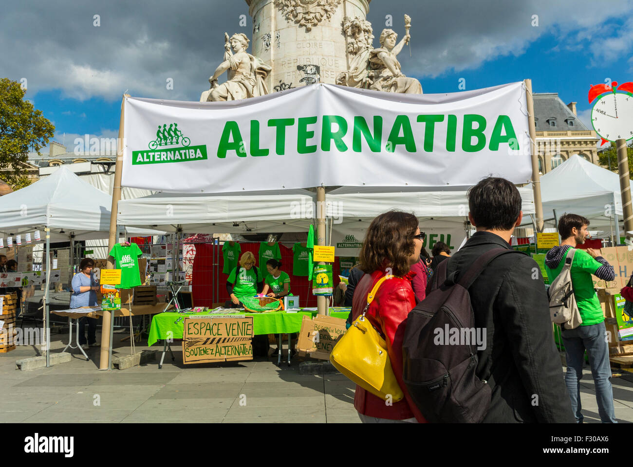Paris, France People Participating at Environmental Street Festival, Alternatiba, COB 21 Demo Banners Stock Photo