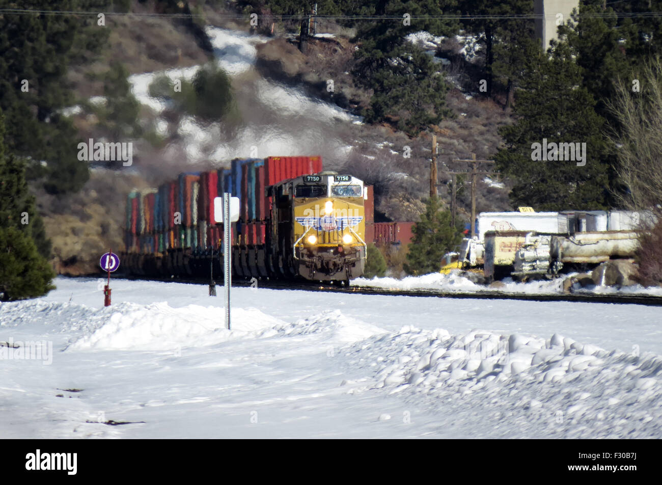 Trains in the Snow in Truckee, California Stock Photo