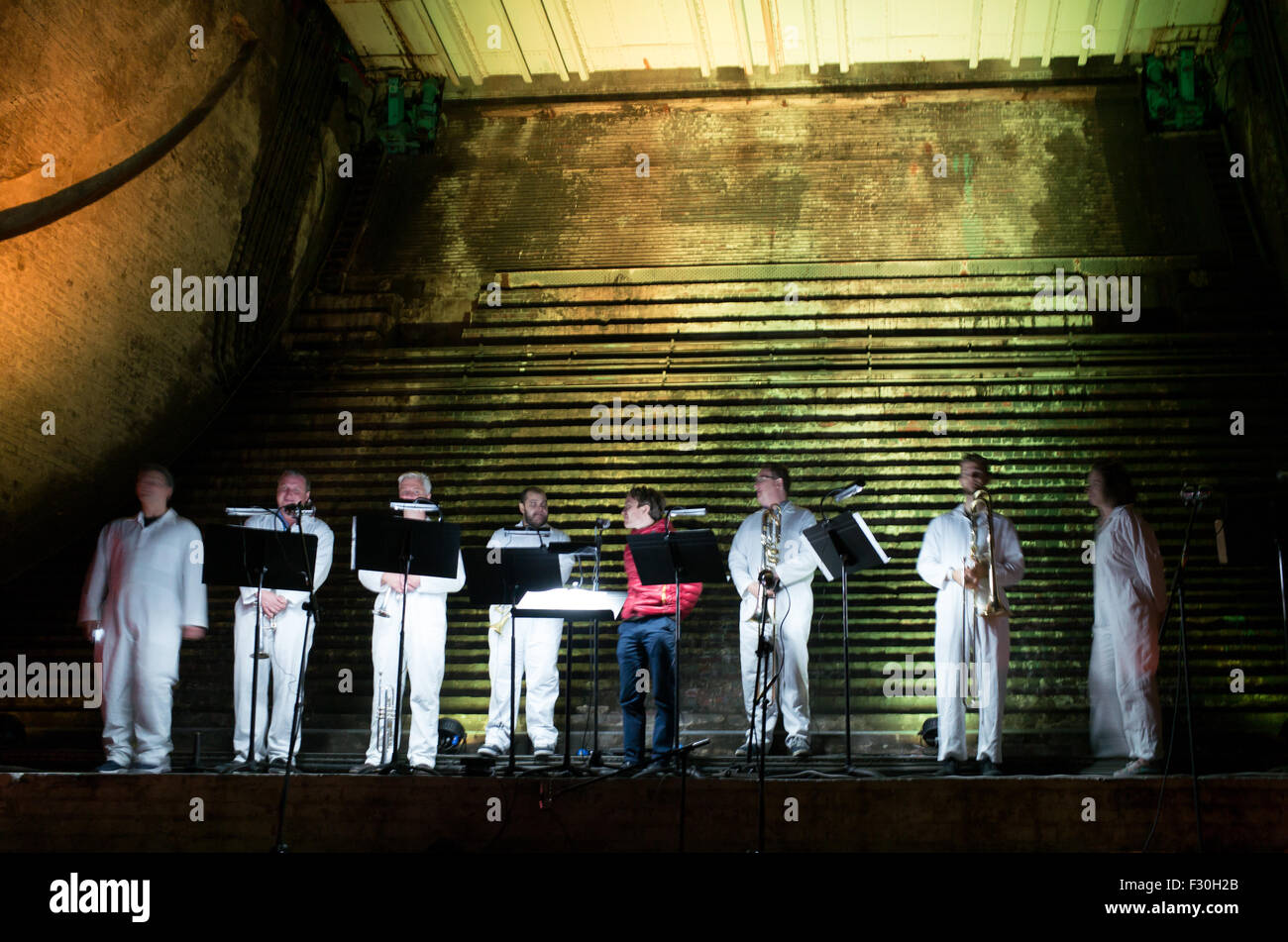 London, UK. 26th Sep, 2015. Concert of music composed by Chamber takes place on 26 September 2015 in the underground room below Tower bridge, London,which is used for lowering the concrete block that opens the bridge. Credit: miscellany/Alamy Live News Stock Photo