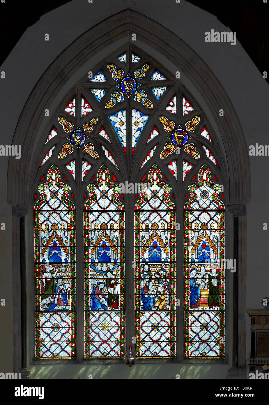 Chartham, Church of St Mary, Kent. Stained glass window by James Bell Stock Photo
