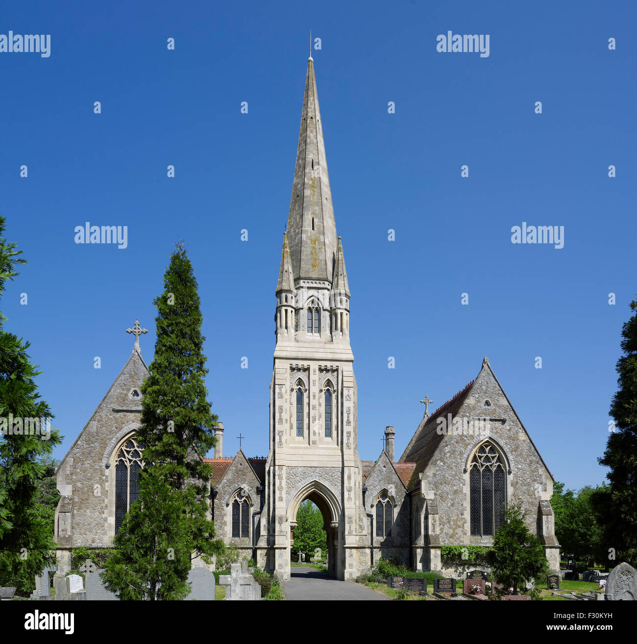 Canterbury Cemetery, Kent. Twin ragstone chapels Stock Photo