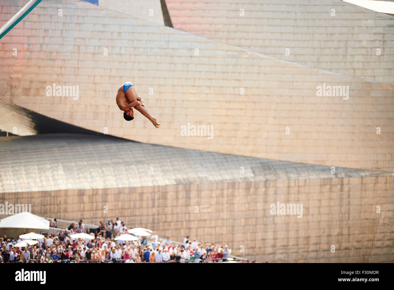 Miguel Garcia in the Red Bull Cliff Diving Bilbao 2015 Stock Photo