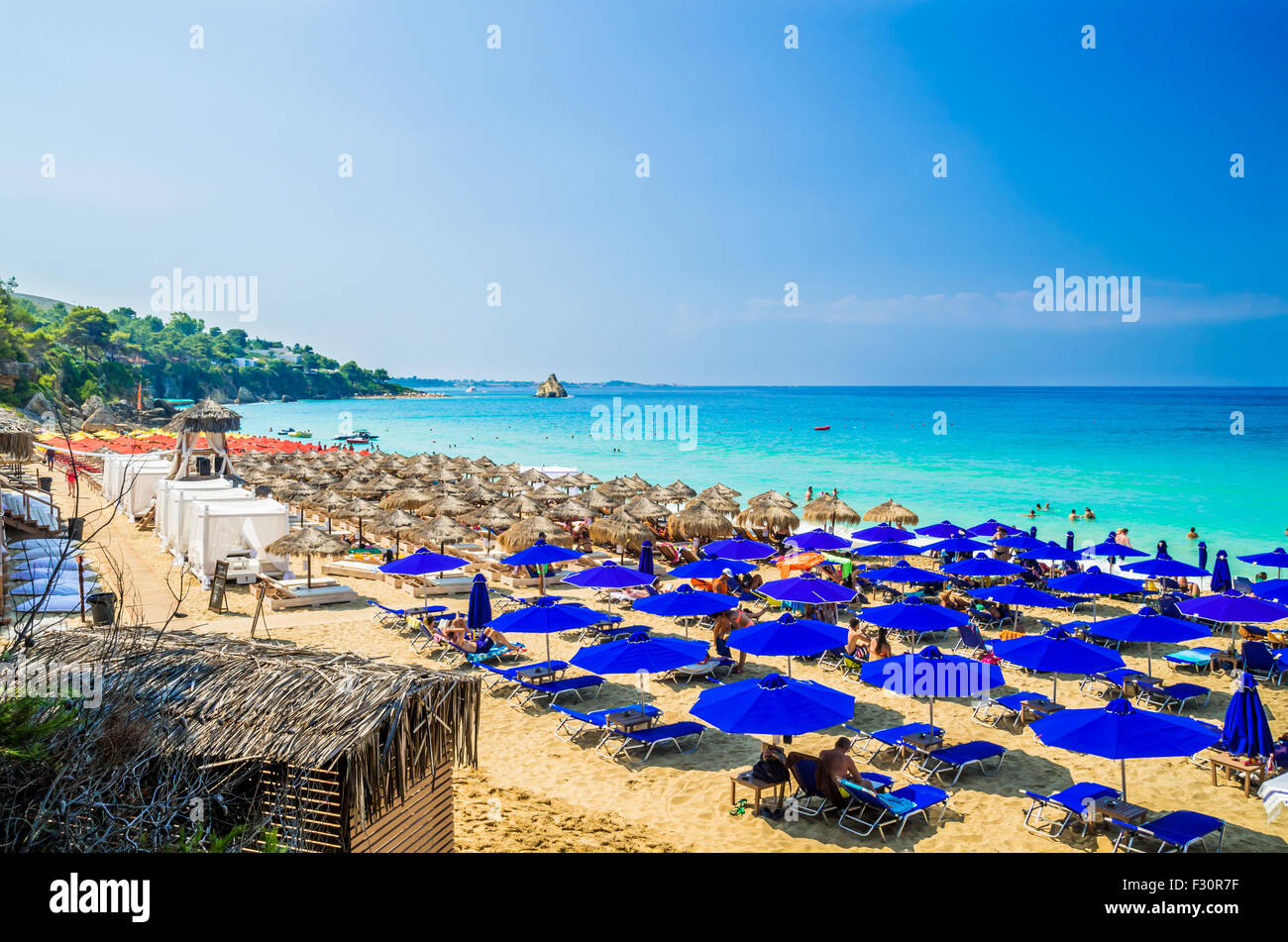 Spectacular view over the beaches of Platis Gialos and Makris Gialos near Lassi, Argostoli. Kefalonia Island, Greece Stock Photo