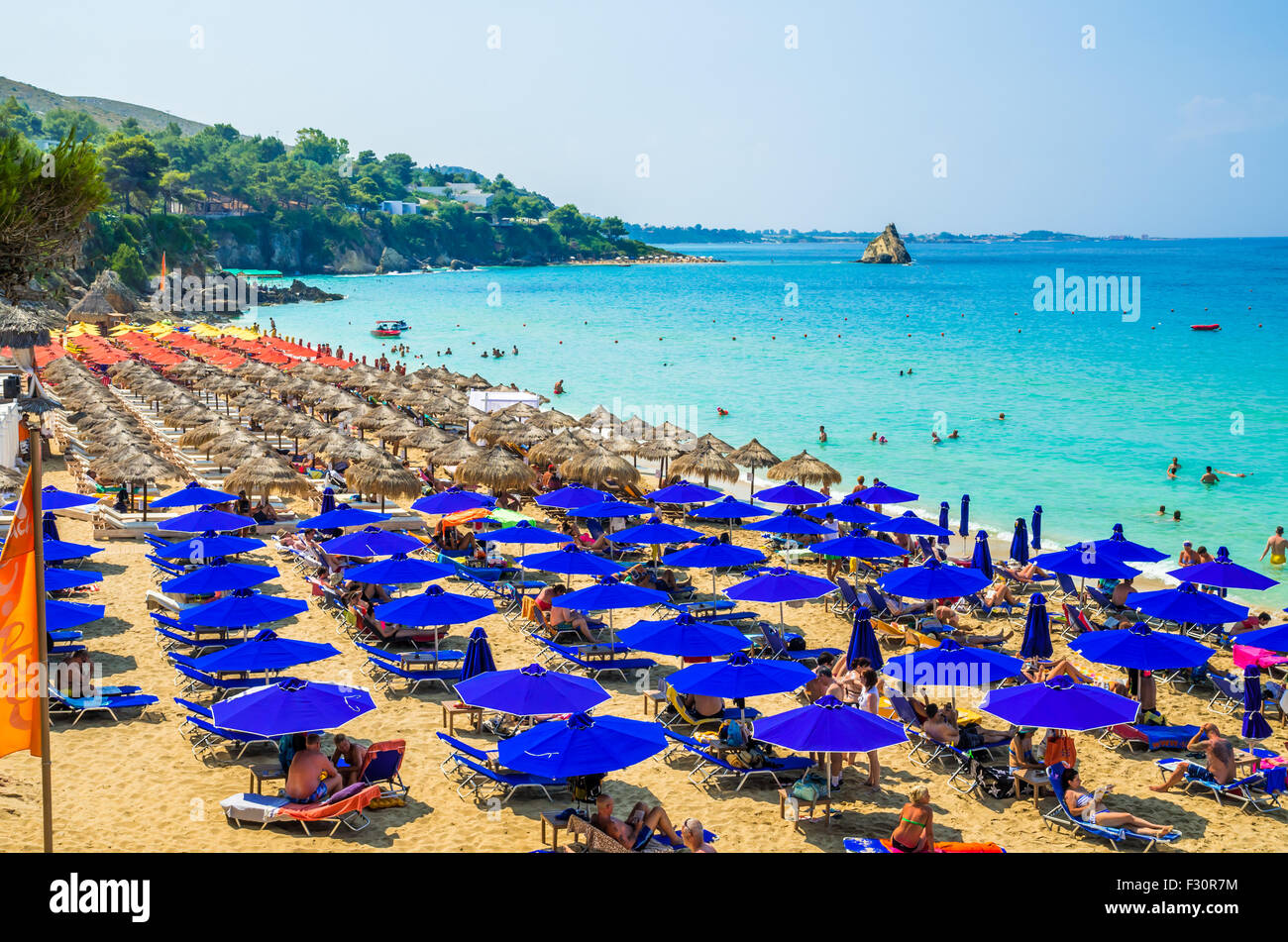 Spectacular view over the beaches of Platis Gialos and Makris Gialos near Lassi, Argostoli. Kefalonia Island, Greece Stock Photo