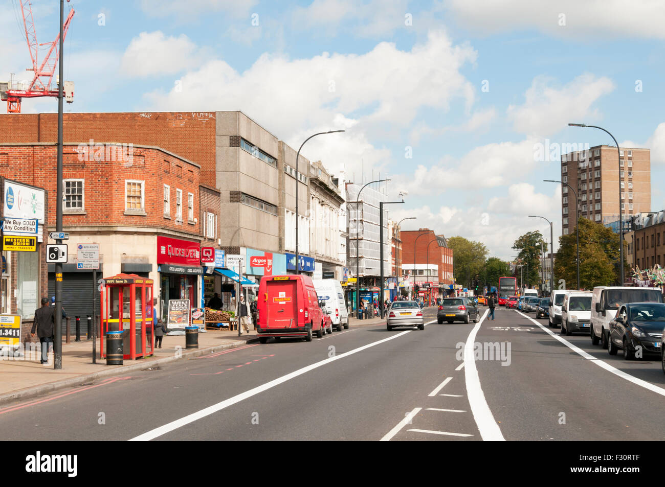 View north along Rushey Green, the A21 road, in Lewisham, South London. Stock Photo
