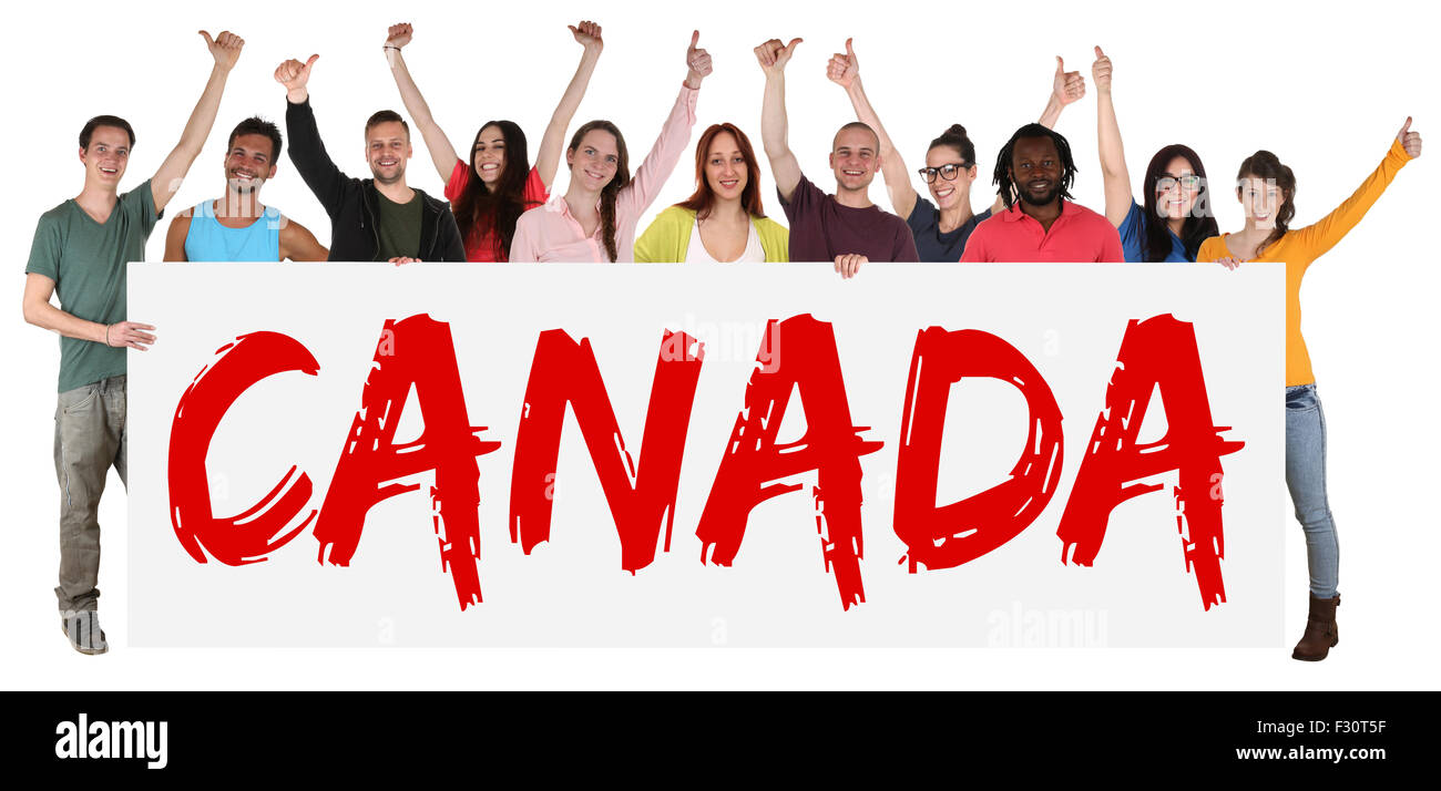 Canada immigration group of young multi ethnic people holding banner isolated Stock Photo
