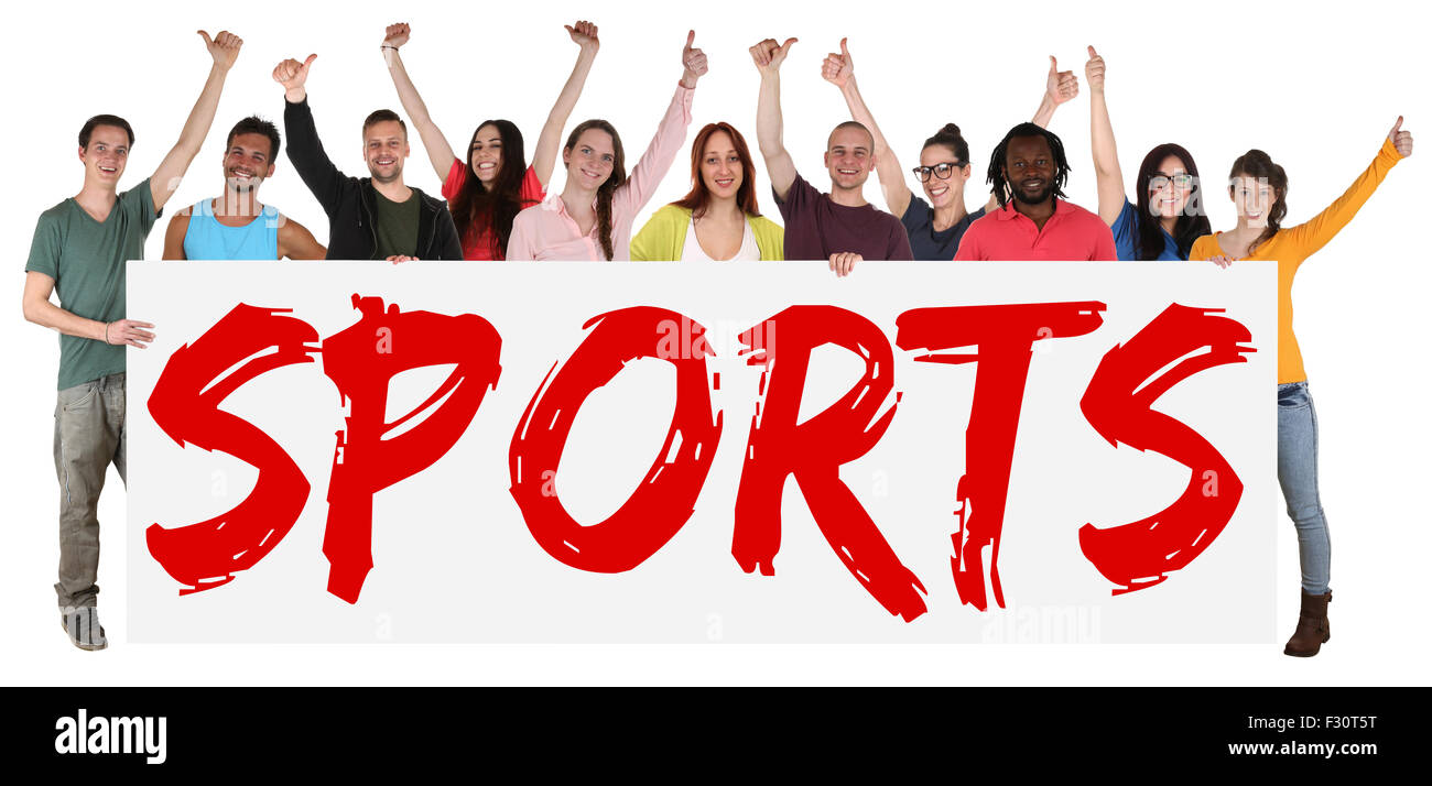 Sports group of young multi ethnic people holding banner isolated Stock Photo Alamy